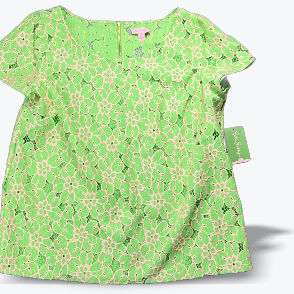 Lilly Pulitzer Poppy Embroidered Floral Lace Top Green XL Spring Colorful NWT